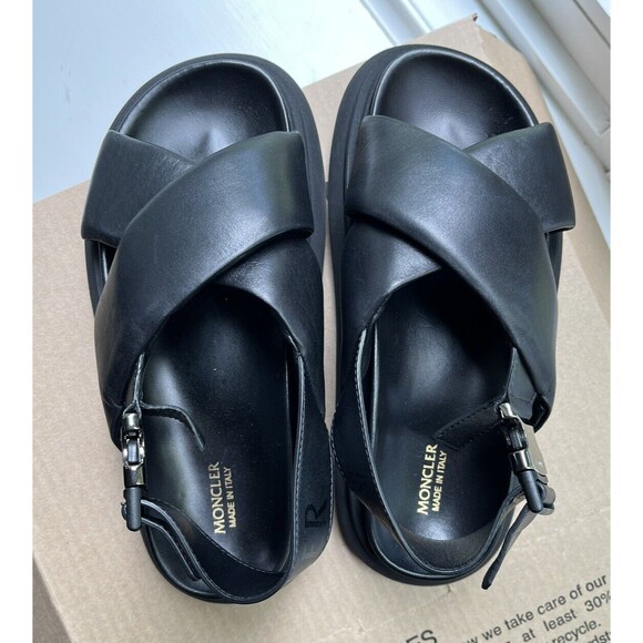 New Moncler Women Black Solarisse Cross-Strap Leather Sandals Platform 37 7 7.5 - Picture 9 of 13